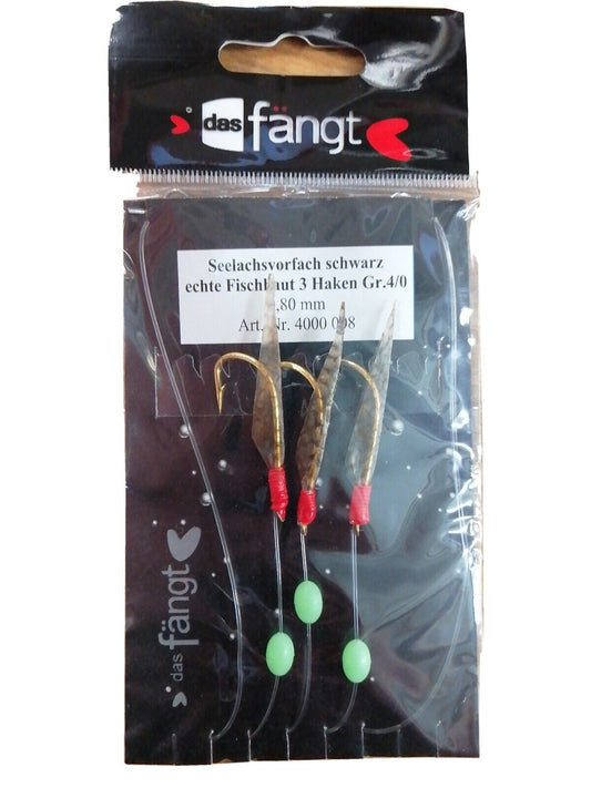 Das Fängt Seelachsvorfach Schwarz Echte Fischhaut 3 Haken Gr. 4/0 0,80mm