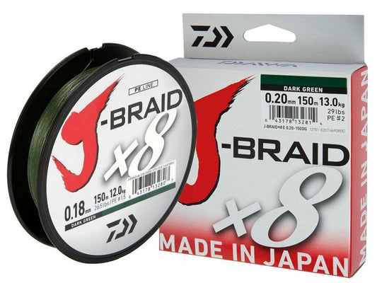 Daiwa J-Braid X8 150m 300m Meter verschiedene Stärken Geflochtene Dark Green